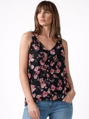 Siren Lily Floral Blouse 2X Black Pink Sleeveless V-Neck Flowy Top Plus Size